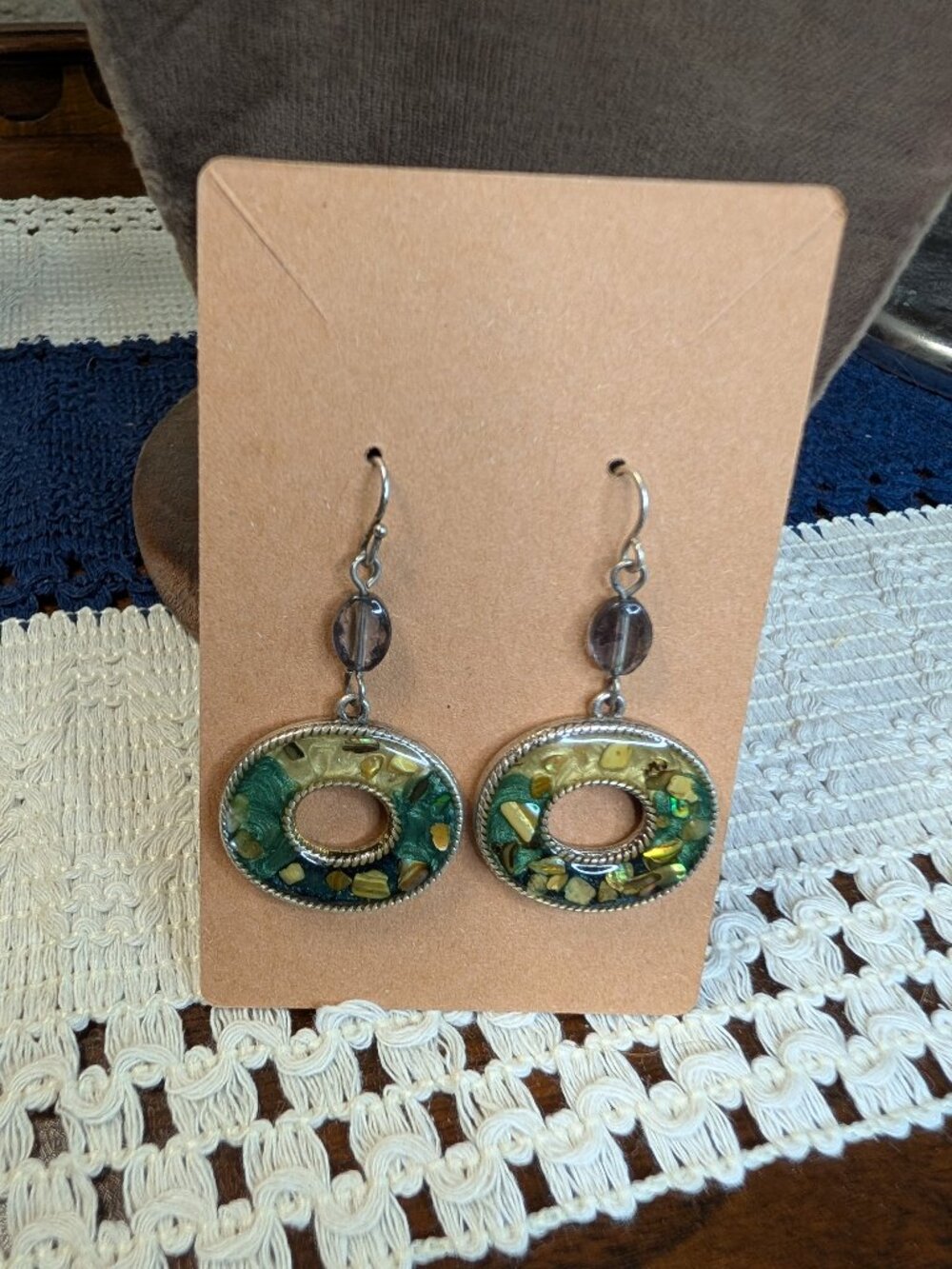 KC stamped Green and Gold Resin Dangle Earrings with Confetti Detail